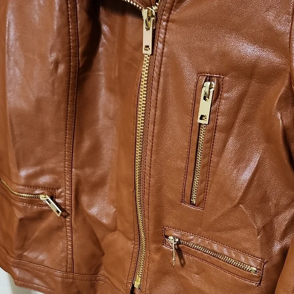 Love Tree Brown and Gold Leather Motorcycle Jacket - Picture 5 of 14